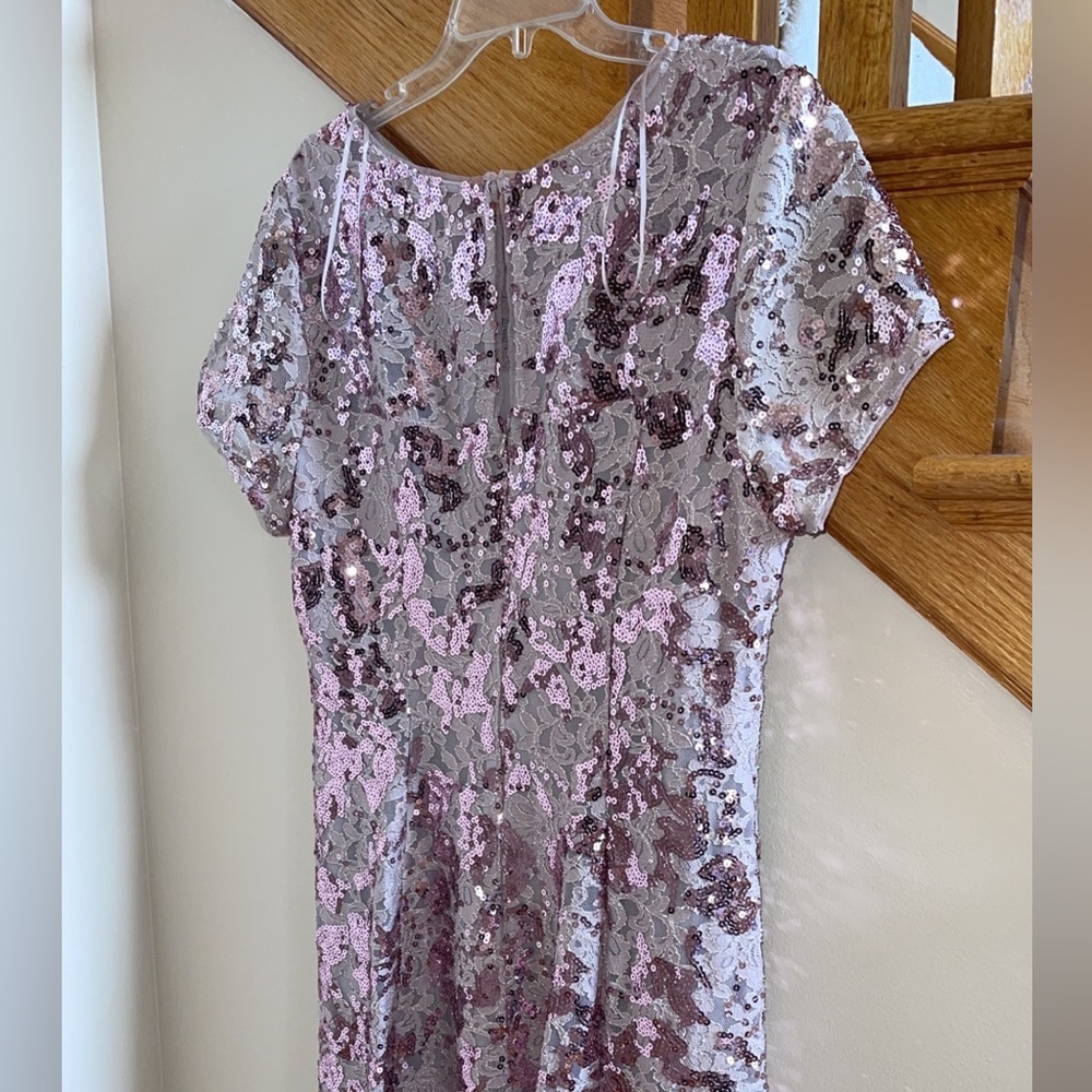 Women’s Formal Dress Sz 18 SLNY Pink Short Sleeve Gown Allover Sequins Fit Flare - Picture 7 of 11